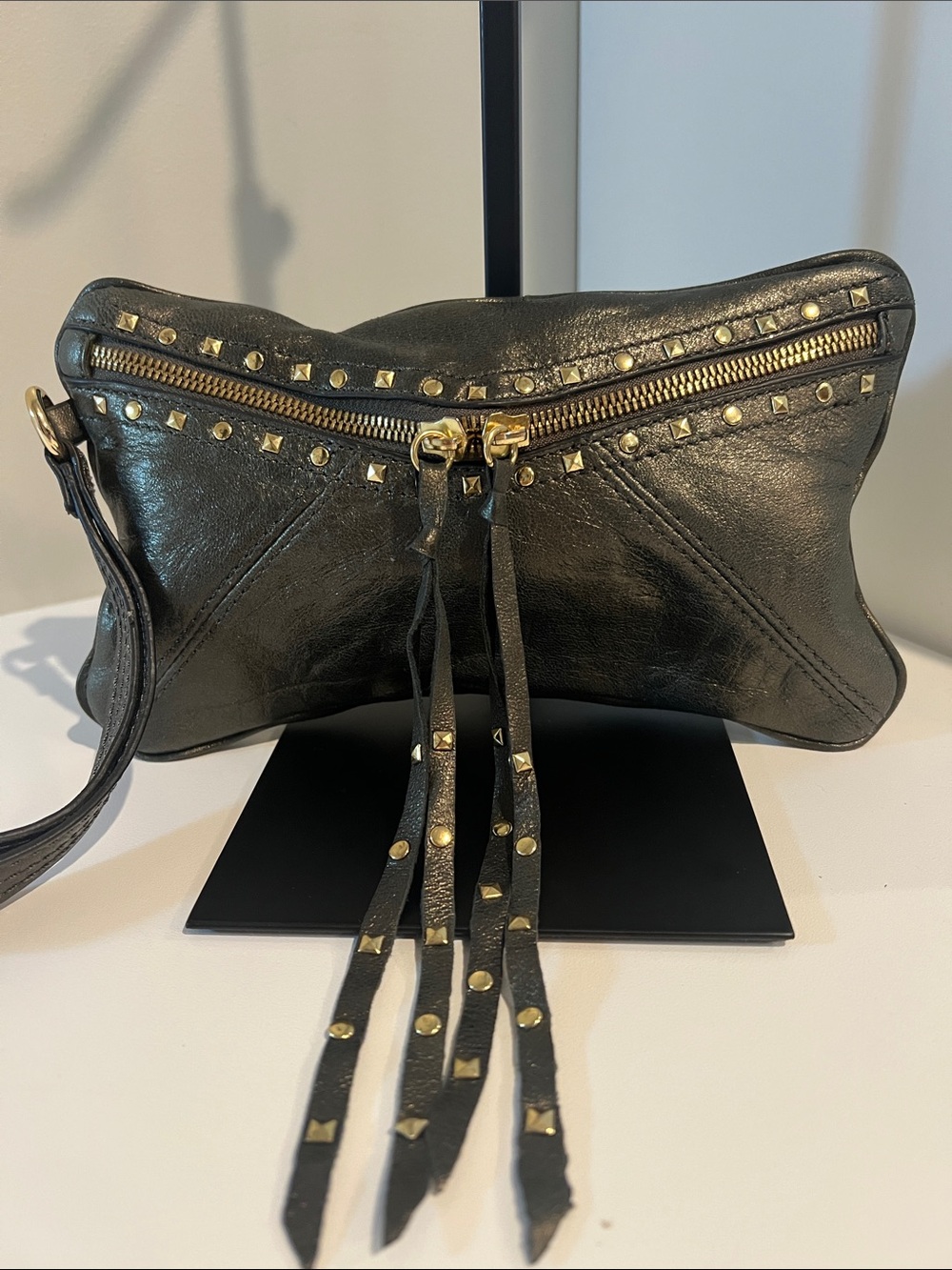 Steven By Steve Madden Pewter Leather Studded Wristlet Clutch